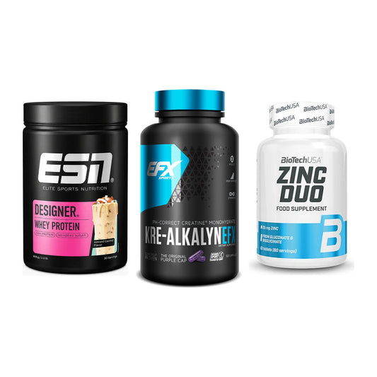 Einsteiger-Set: ESN Designer Whey + EFX Kre-Alkalyn + BioTech Zinc Duo – alle enthaltenen Artikel