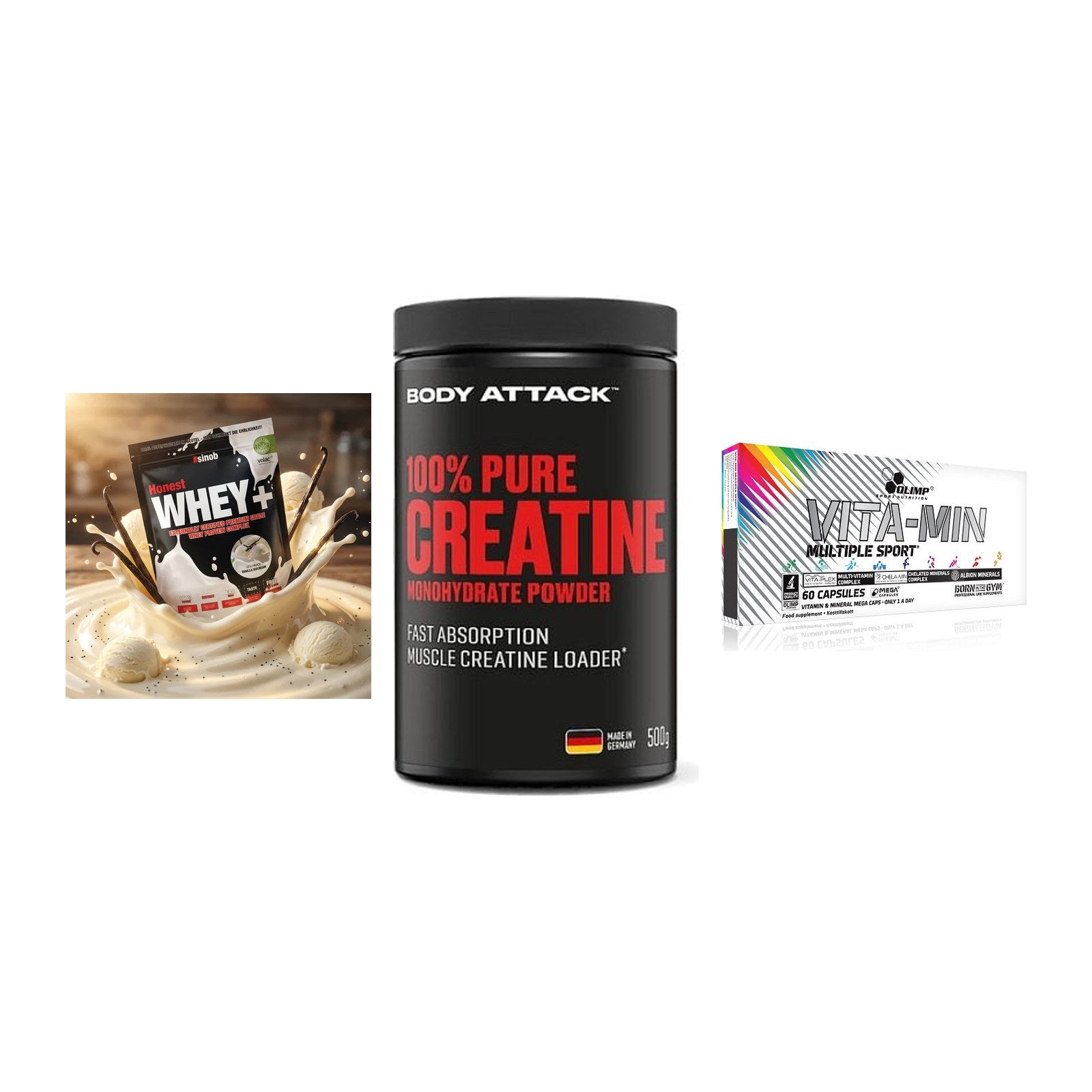 Einsteiger-Set: Sinob Honest + Body Attack 100% + Olimp Vita-Min – alle enthaltenen Artikel