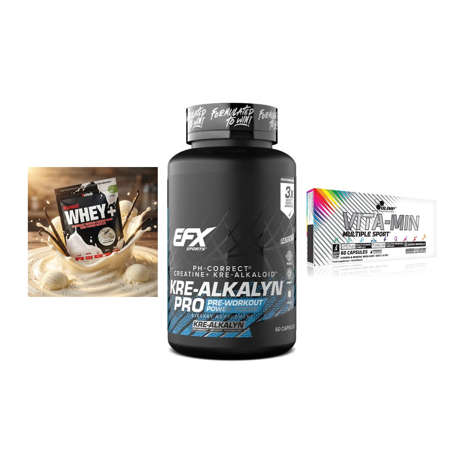 Einsteiger-Set: Sinob Honest + EFX Kre-Alkalyn + Olimp Vita-Min – alle enthaltenen Artikel