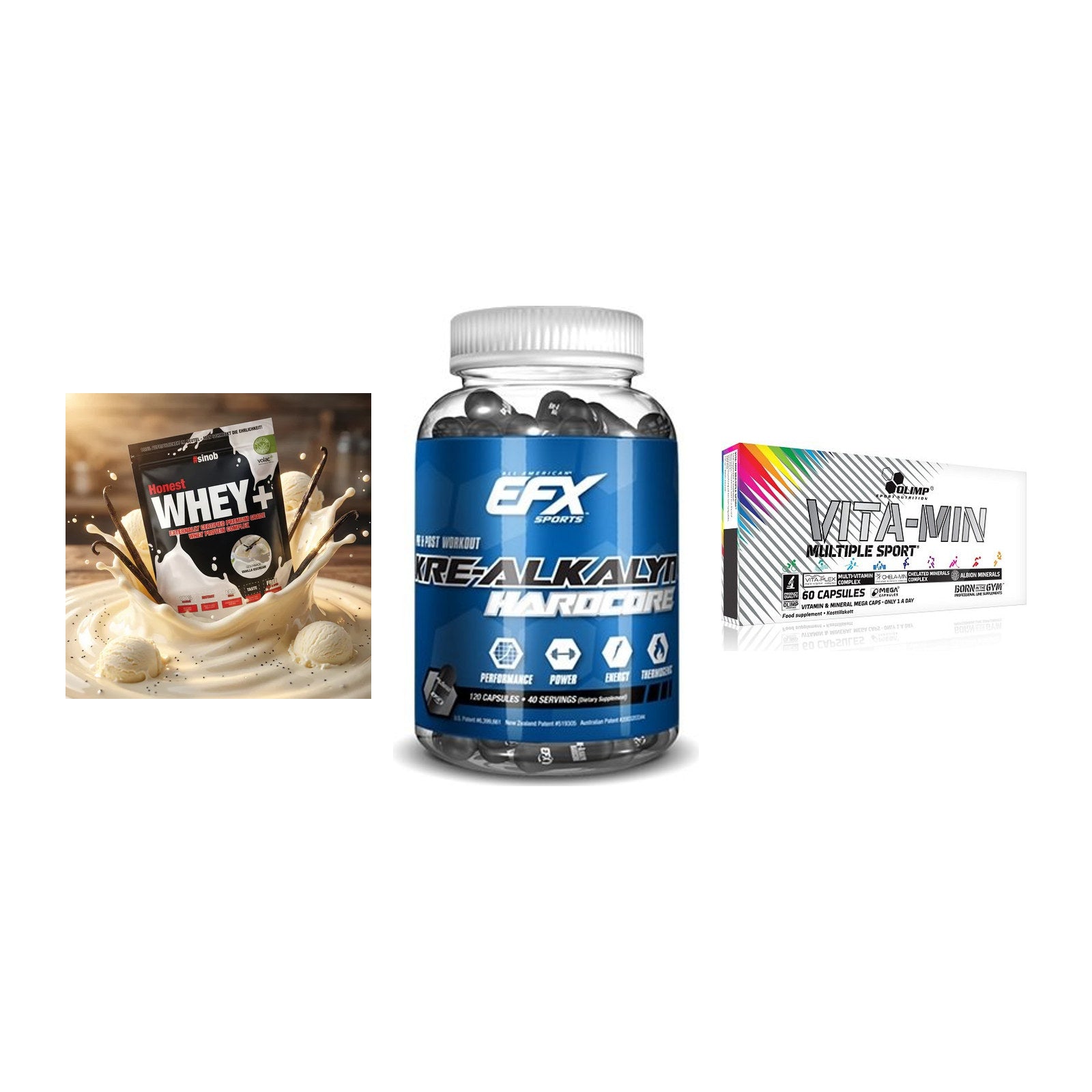 Einsteiger-Set: Sinob Honest + EFX Kre-Alkalyn + Olimp Vita-Min – alle enthaltenen Artikel
