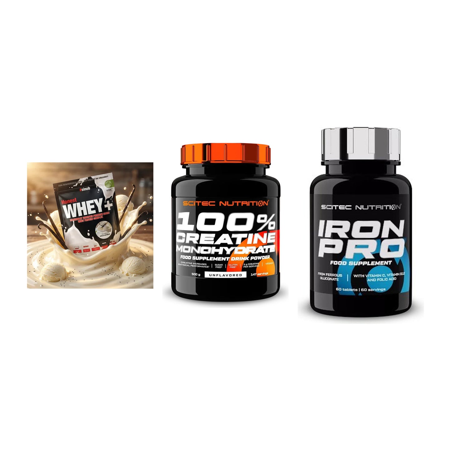 Einsteiger-Set: Sinob Honest + Scitec Creatine + Scitec Iron Pro – alle enthaltenen Artikel