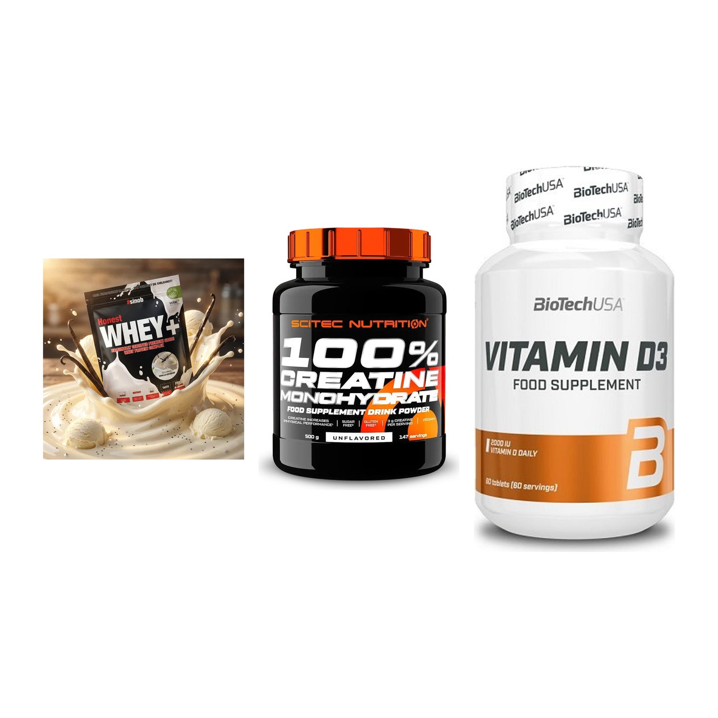 Einsteiger-Set: Sinob Honest + Scitec Creatine + BioTech Vitamin – alle enthaltenen Artikel