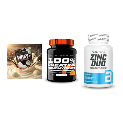 Einsteiger-Set: Sinob Honest + Scitec Creatine + BioTech Zinc Duo – alle enthaltenen Artikel