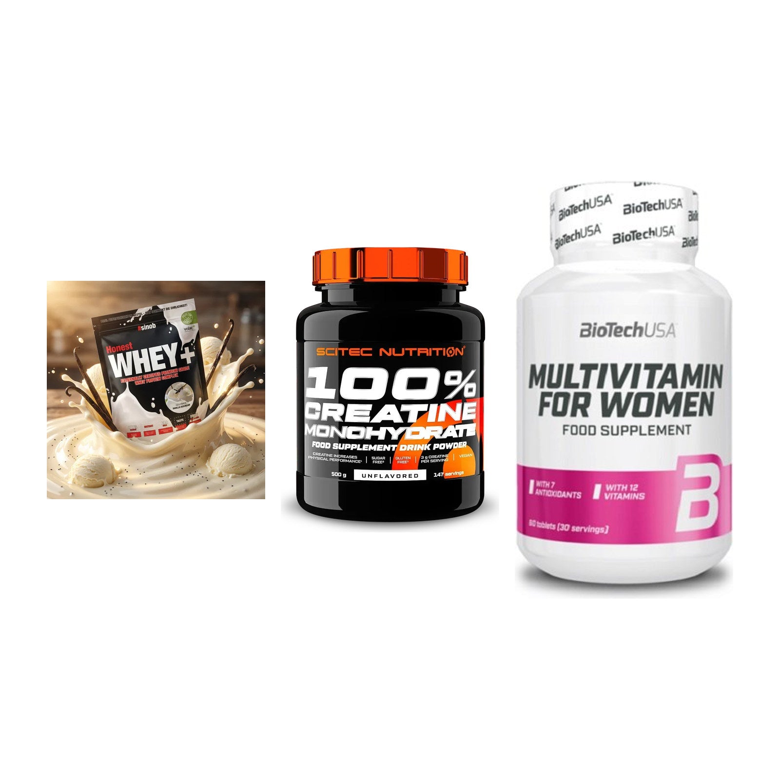 Einsteiger-Set: Sinob Honest + Scitec Creatine + BioTech Multivit – alle enthaltenen Artikel