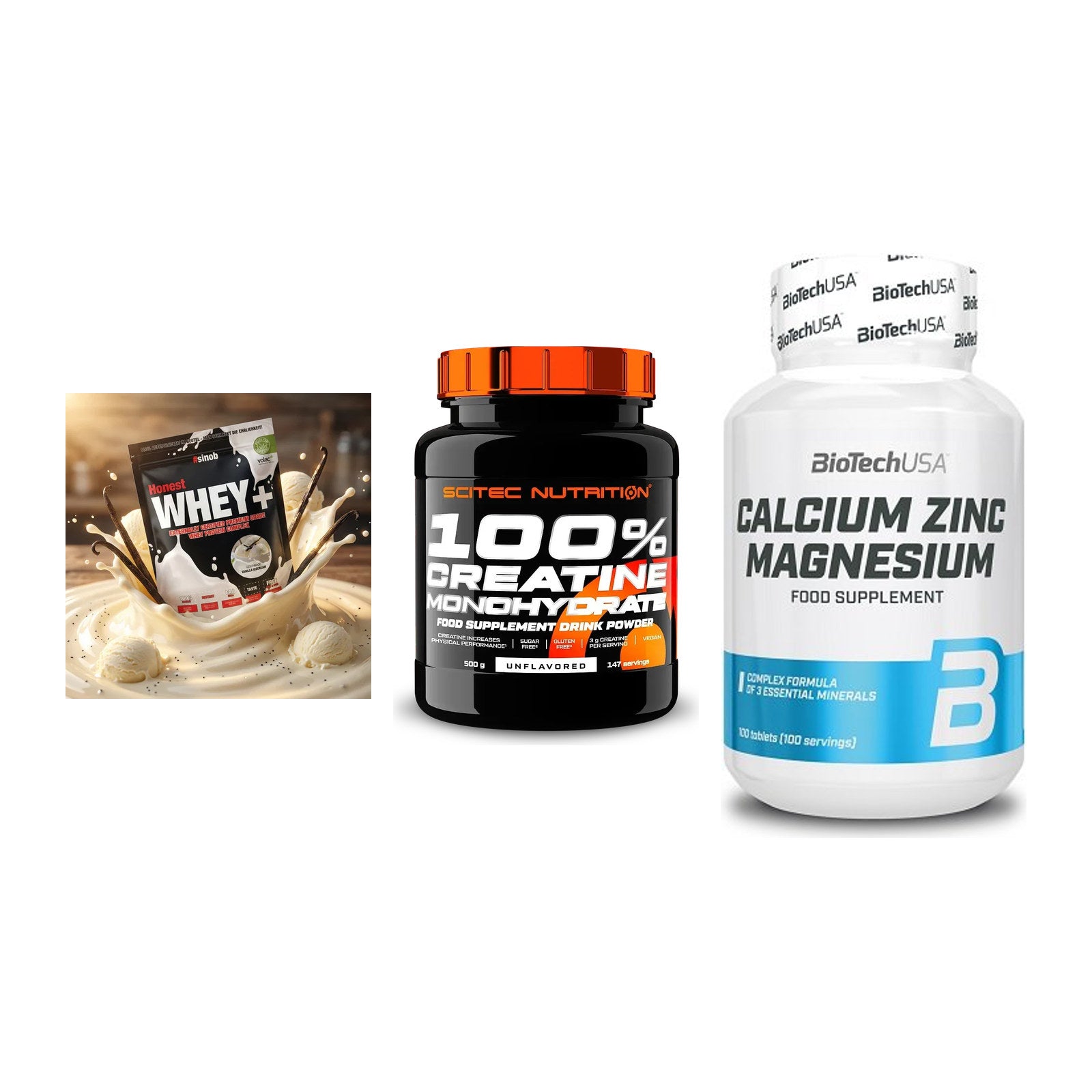 Einsteiger-Set: Sinob Honest + Scitec Creatine + BioTech Calcium – alle enthaltenen Artikel