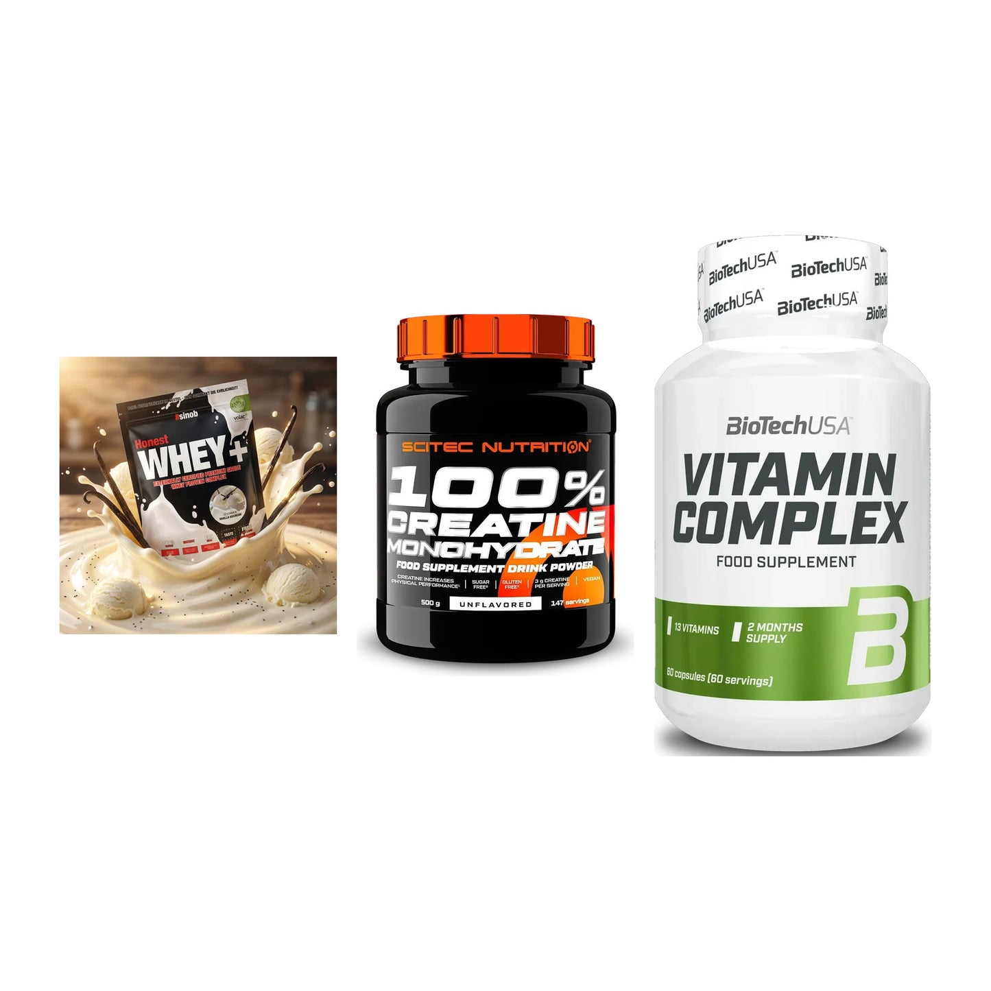 Einsteiger-Set: Sinob Honest + Scitec Creatine + BioTech Vitamin – alle enthaltenen Artikel