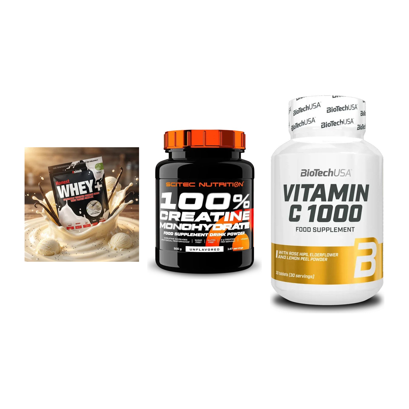 Einsteiger-Set: Sinob Honest + Scitec Creatine + BioTech Vitamin – alle enthaltenen Artikel