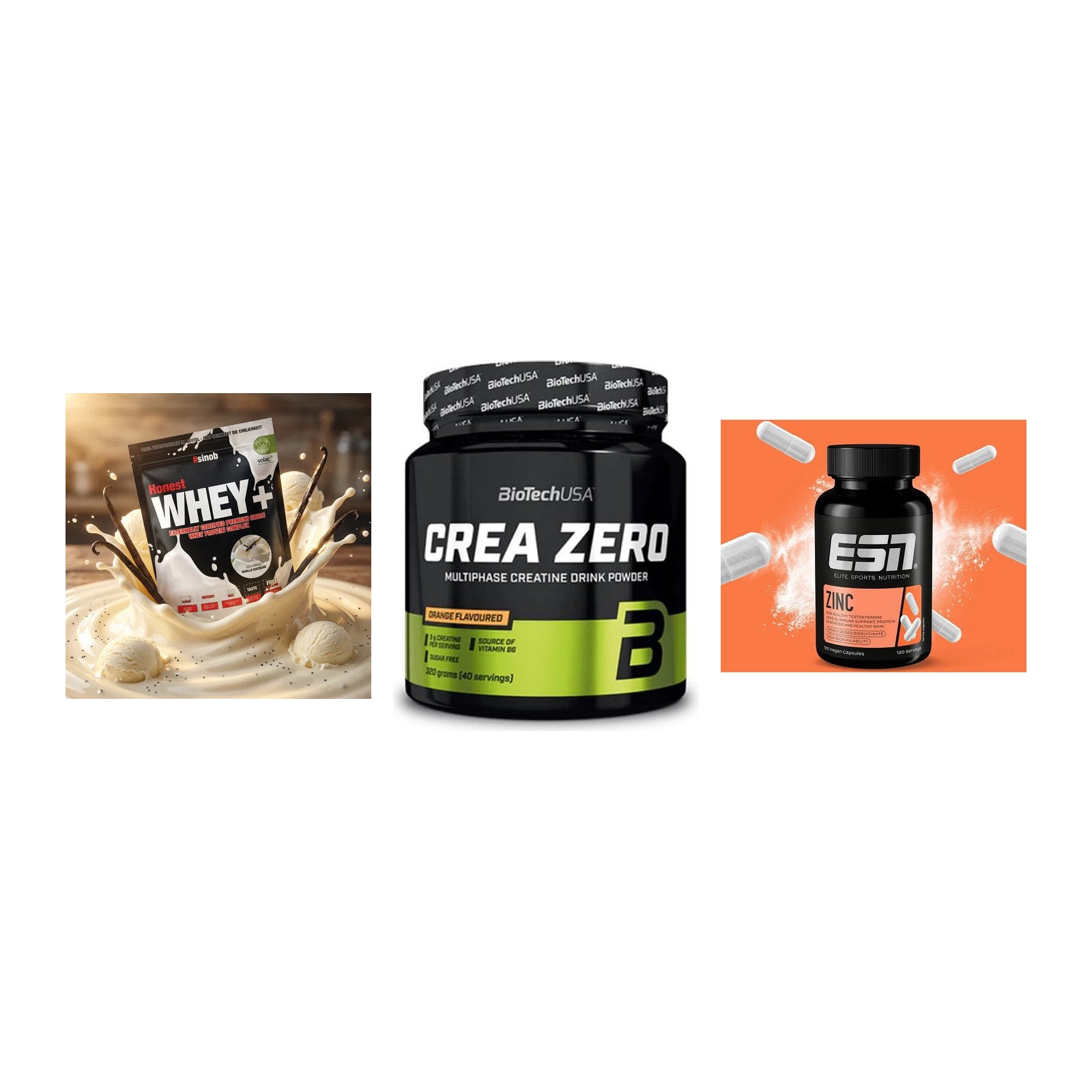 Einsteiger-Set: Sinob Honest Whey+ + BioTech Crea Zero + ESN Zinc – alle enthaltenen Artikel