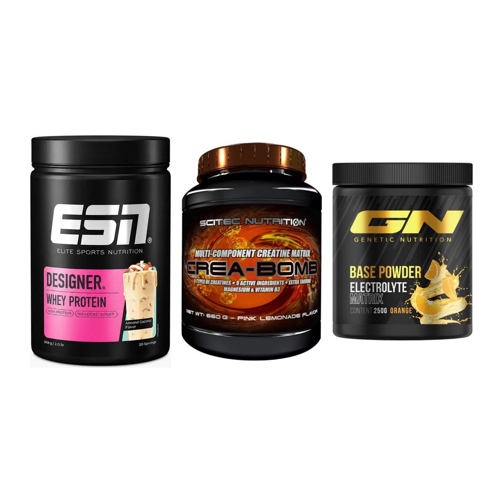 Einsteiger-Set: ESN Designer Whey + Scitec Crea-Bomb + GN Base Powder – alle enthaltenen Artikel