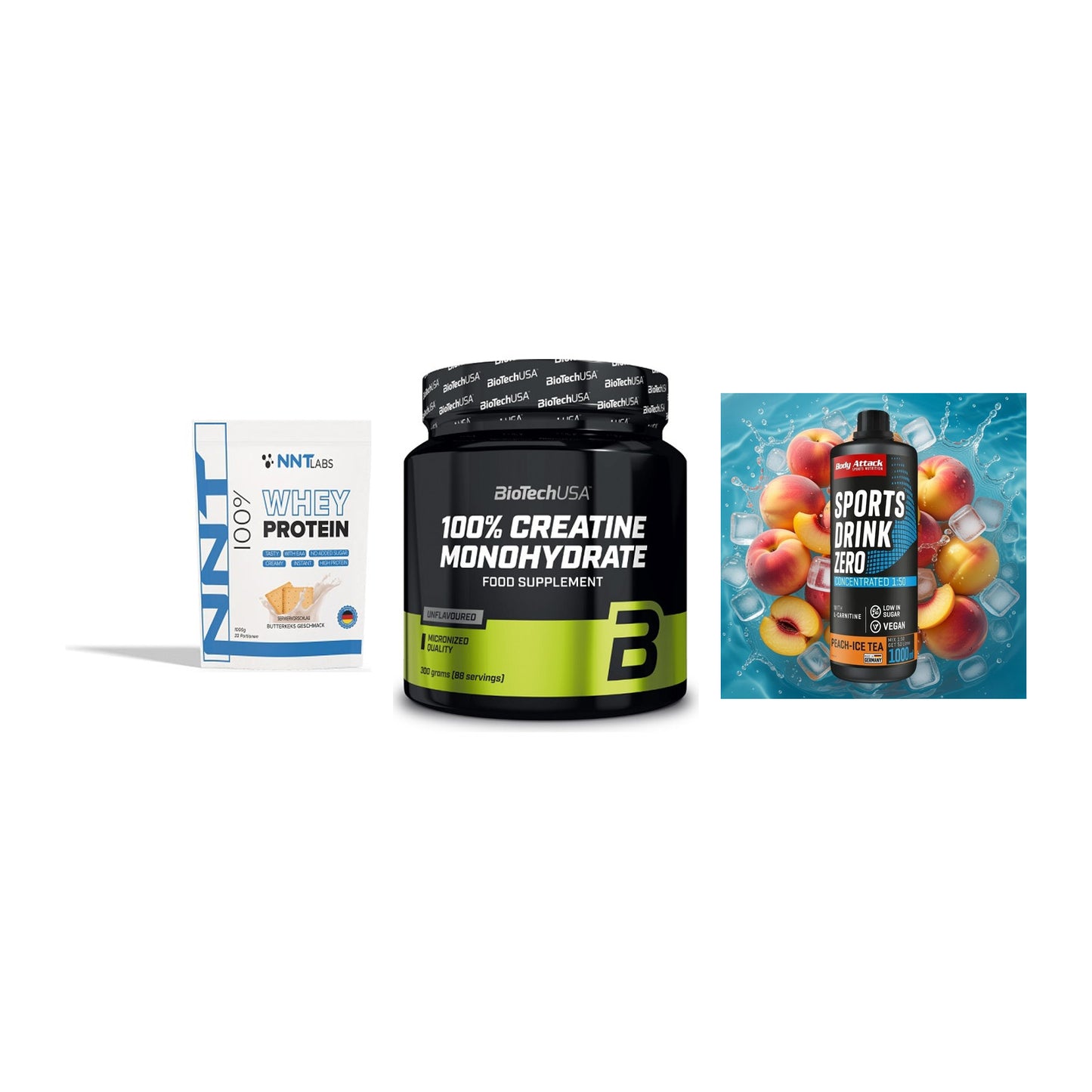 Einsteiger-Set: NNT Whey + BioTech Creatine + Body Attack – alle enthaltenen Artikel