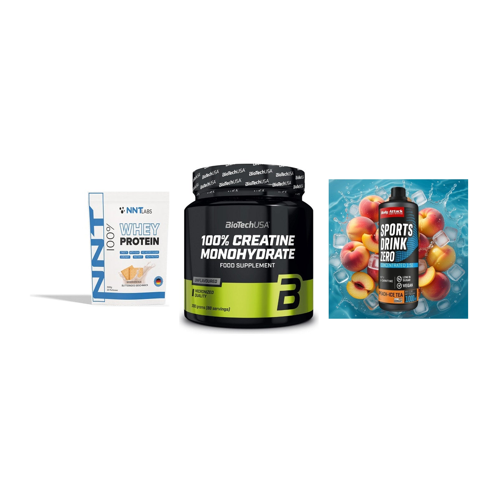 Einsteiger-Set: NNT Whey + BioTech Creatine + Body Attack – alle enthaltenen Artikel