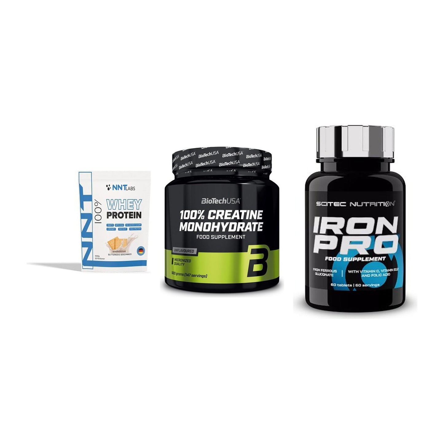 Einsteiger-Set: NNT Whey + BioTech Creatine + Scitec Iron Pro – alle enthaltenen Artikel