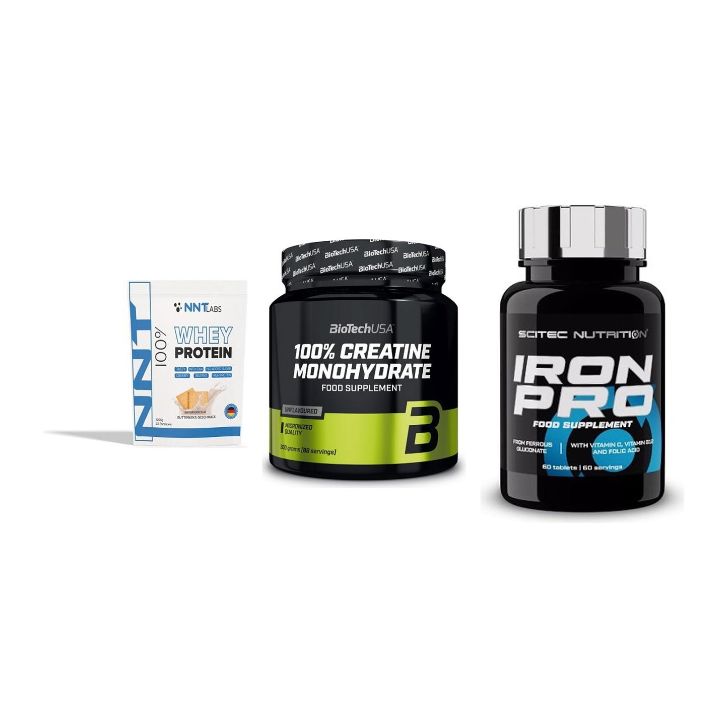 Einsteiger-Set: NNT Whey + BioTech Creatine + Scitec Iron Pro – alle enthaltenen Artikel