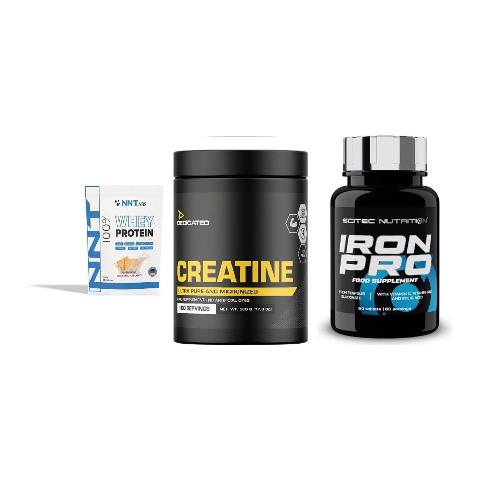 Einsteiger-Set: NNT Whey + Dedicated Creatine + Scitec Iron Pro – alle enthaltenen Artikel