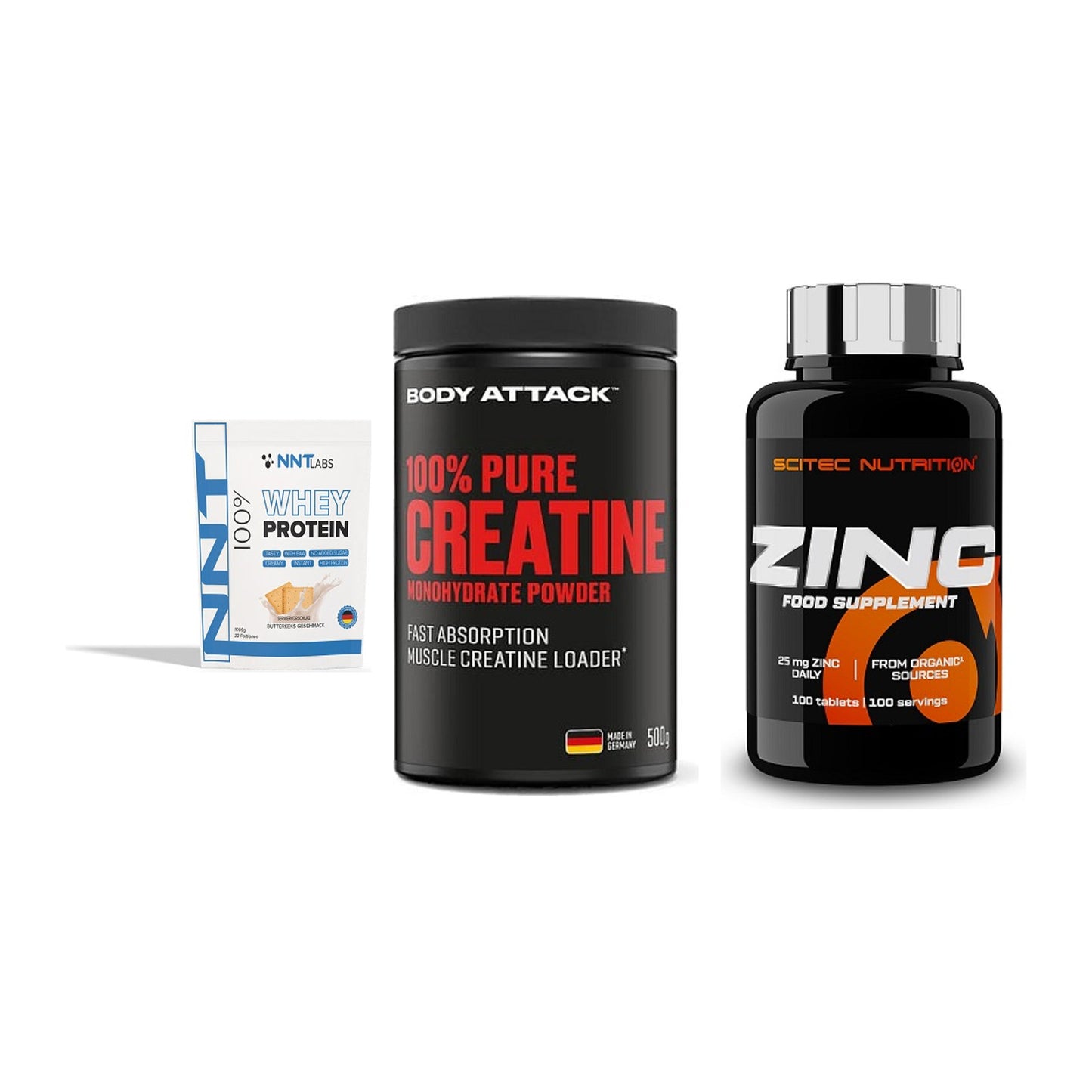 Einsteiger-Set: NNT Whey + Body Attack 100% + Scitec Zinc – alle enthaltenen Artikel