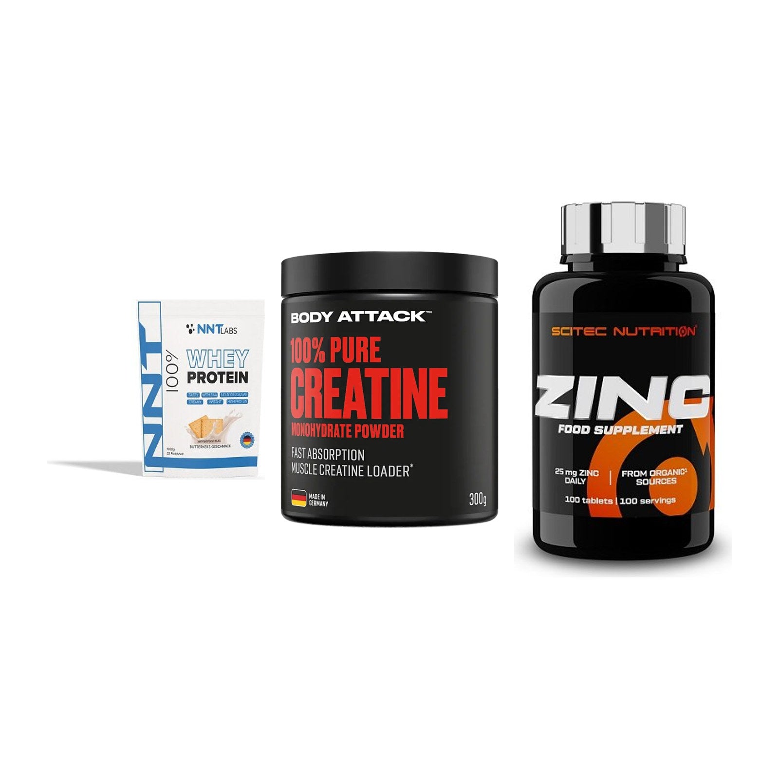 Einsteiger-Set: NNT Whey + Body Attack 100% + Scitec Zinc – alle enthaltenen Artikel