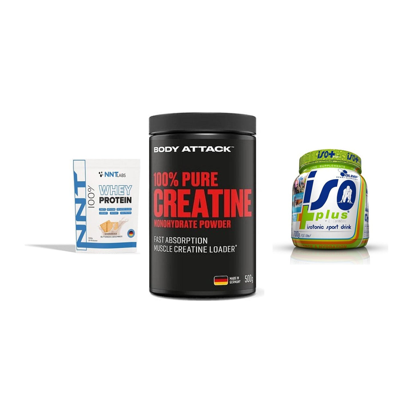 Einsteiger-Set: NNT Whey + Body Attack 100% + Olimp Iso Plus – alle enthaltenen Artikel