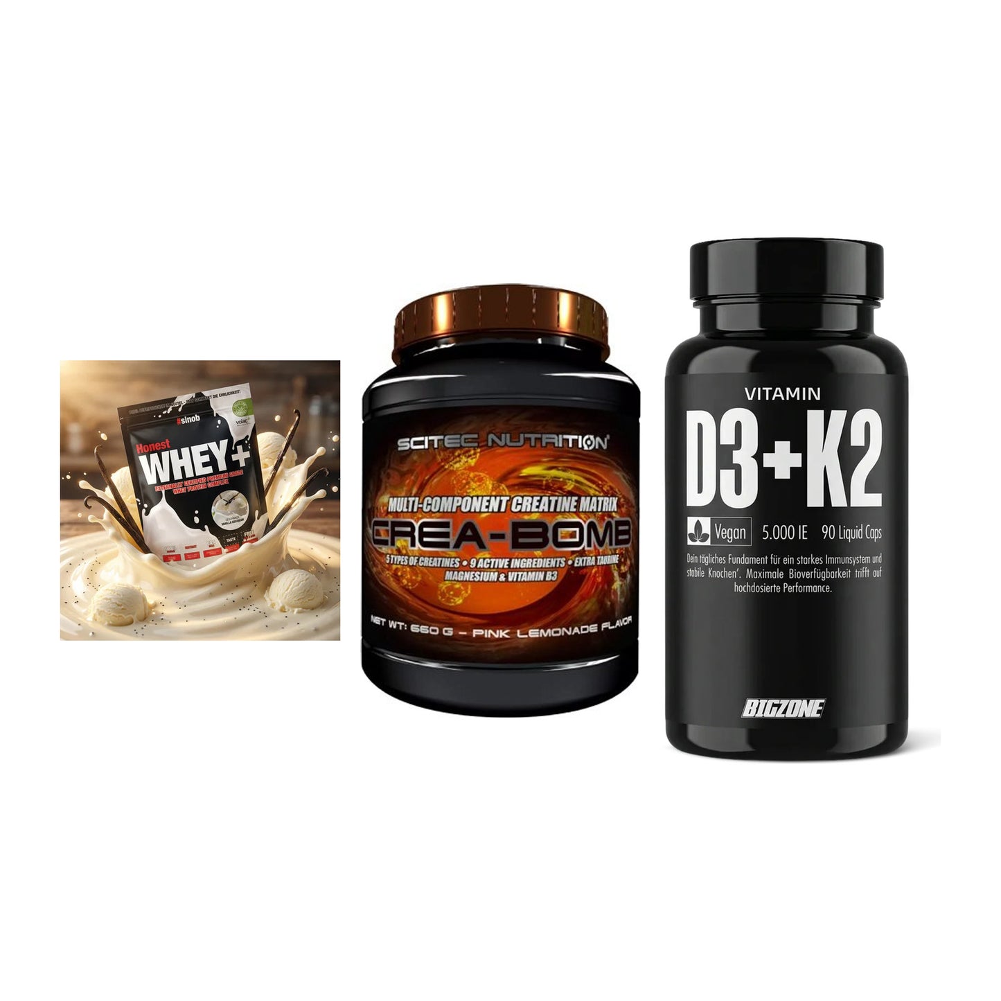 Einsteiger-Set: Sinob Honest + Scitec Crea-Bomb + Big Zone Vitamin – alle enthaltenen Artikel