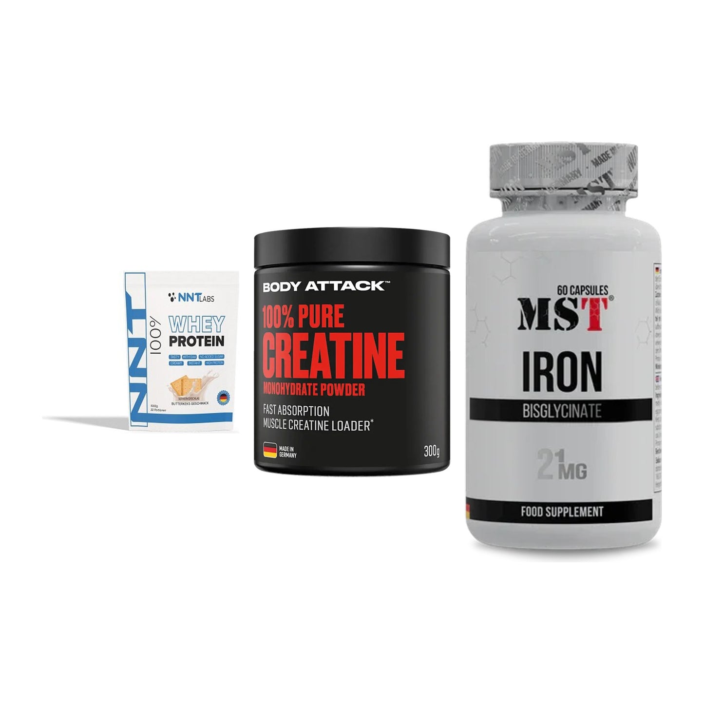 Einsteiger-Set: NNT Whey + Body Attack 100% + MST Iron Bisglyc – alle enthaltenen Artikel