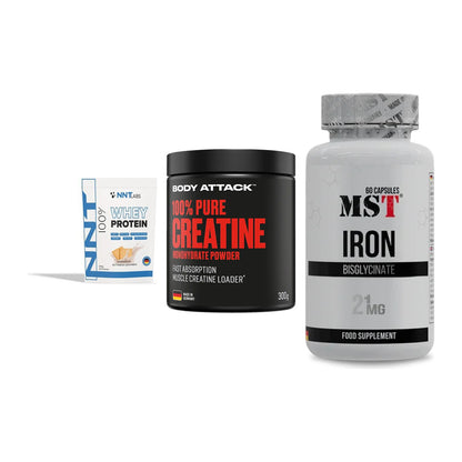 Einsteiger-Set: NNT Whey + Body Attack 100% + MST Iron Bisglyc – alle enthaltenen Artikel