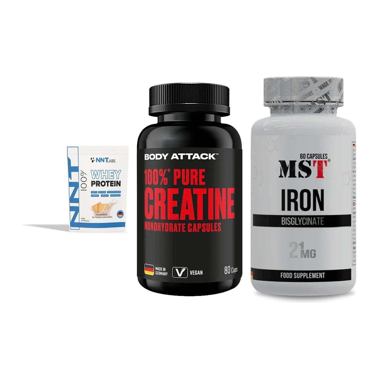 Einsteiger-Set: NNT Whey + Body Attack 100% + MST Iron Bisglyc – alle enthaltenen Artikel