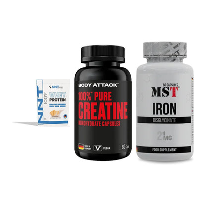 Einsteiger-Set: NNT Whey + Body Attack 100% + MST Iron Bisglyc – alle enthaltenen Artikel