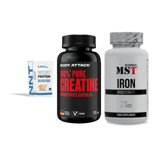 Einsteiger-Set: NNT Whey + Body Attack 100% + MST Iron Bisglyc – alle enthaltenen Artikel