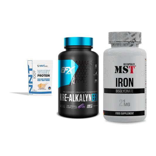 Einsteiger-Set: NNT Whey + EFX Kre-Alkalyn + MST Iron Bisglycinate – alle enthaltenen Artikel