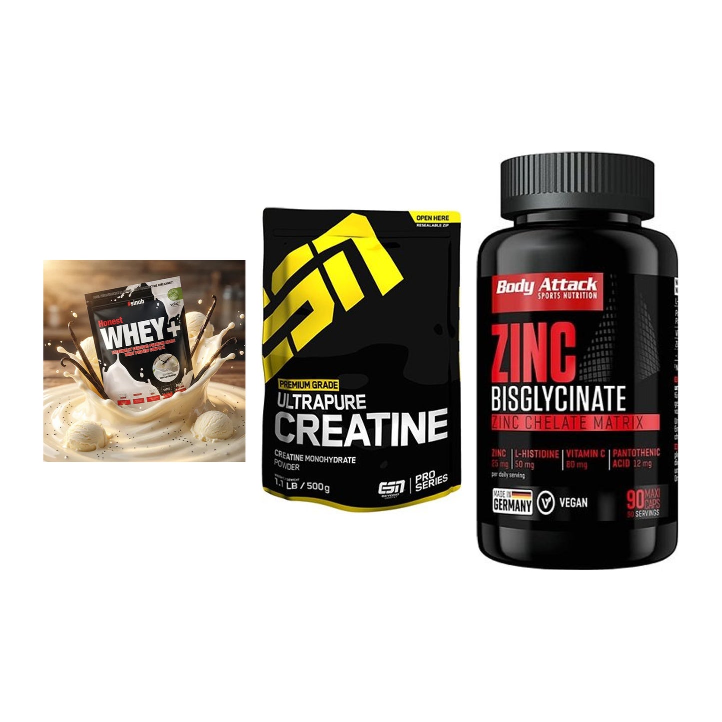 Einsteiger-Set: Sinob Honest + ESN Ultrapure + Body Attack Zink – alle enthaltenen Artikel