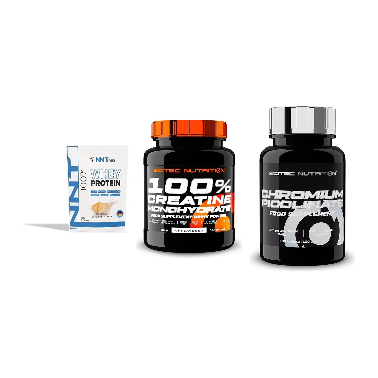Einsteiger-Set: NNT Whey + Scitec Creatine + Scitec Chromium – alle enthaltenen Artikel