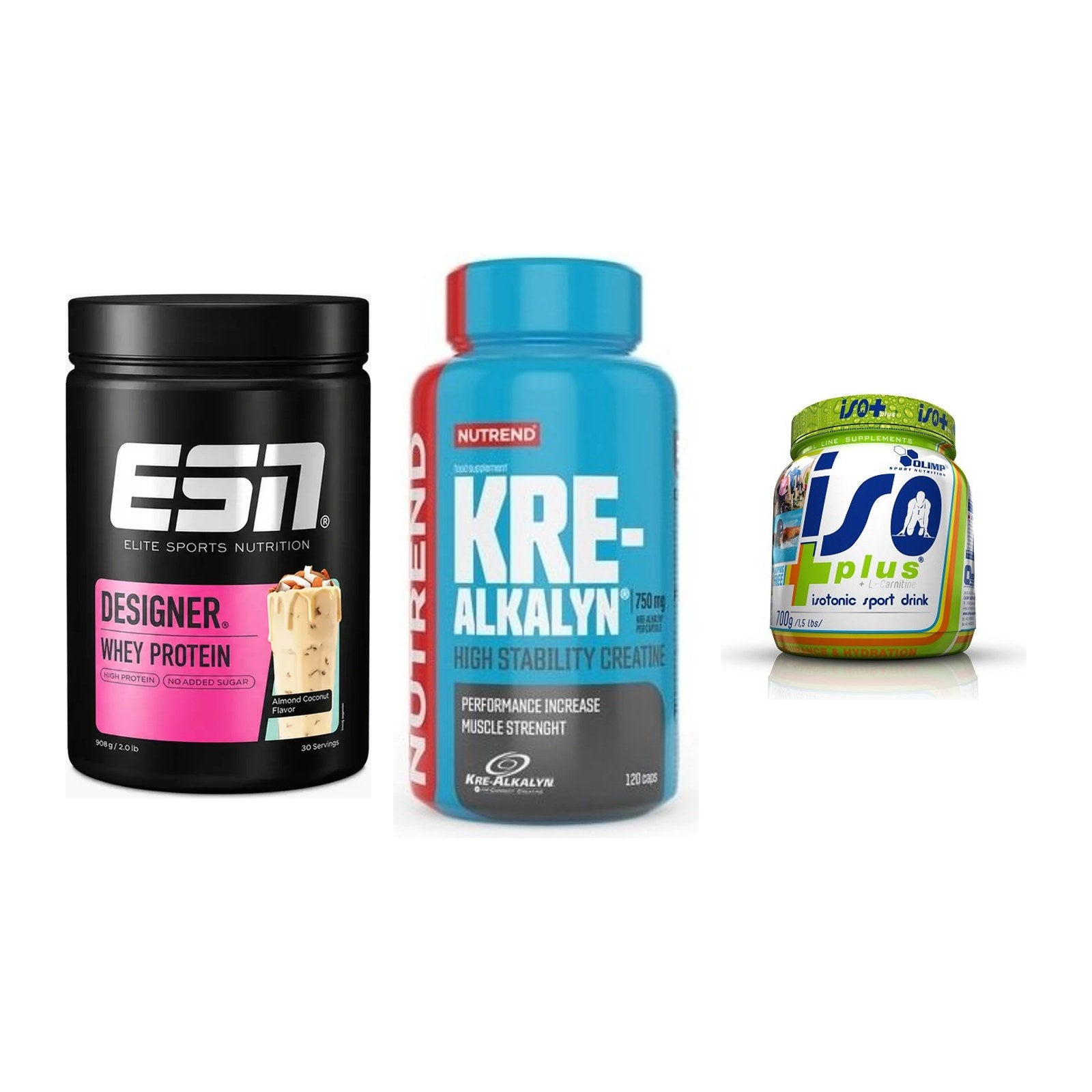 Einsteiger-Set: ESN Designer + Nutrend Kre-Alka + Olimp Iso Plus – alle enthaltenen Artikel