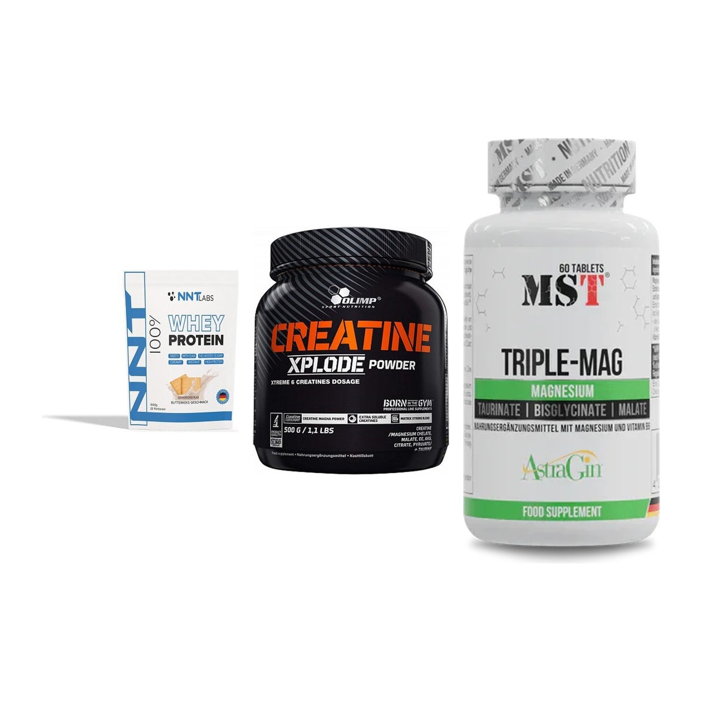 Einsteiger-Set: NNT Whey + Olimp Creatine + MST Tripple Mag – alle enthaltenen Artikel