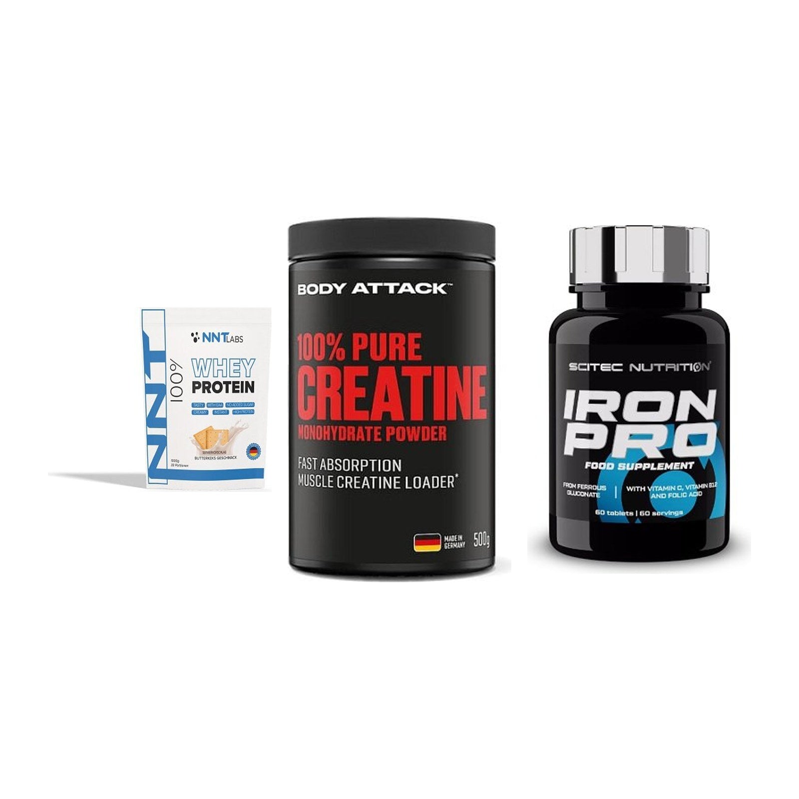 Einsteiger-Set: NNT Whey + Body Attack 100% + Scitec Iron Pro – alle enthaltenen Artikel