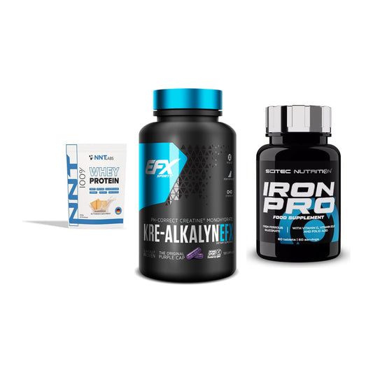 Einsteiger-Set: NNT Whey + EFX Kre-Alkalyn + Scitec Iron Pro – alle enthaltenen Artikel