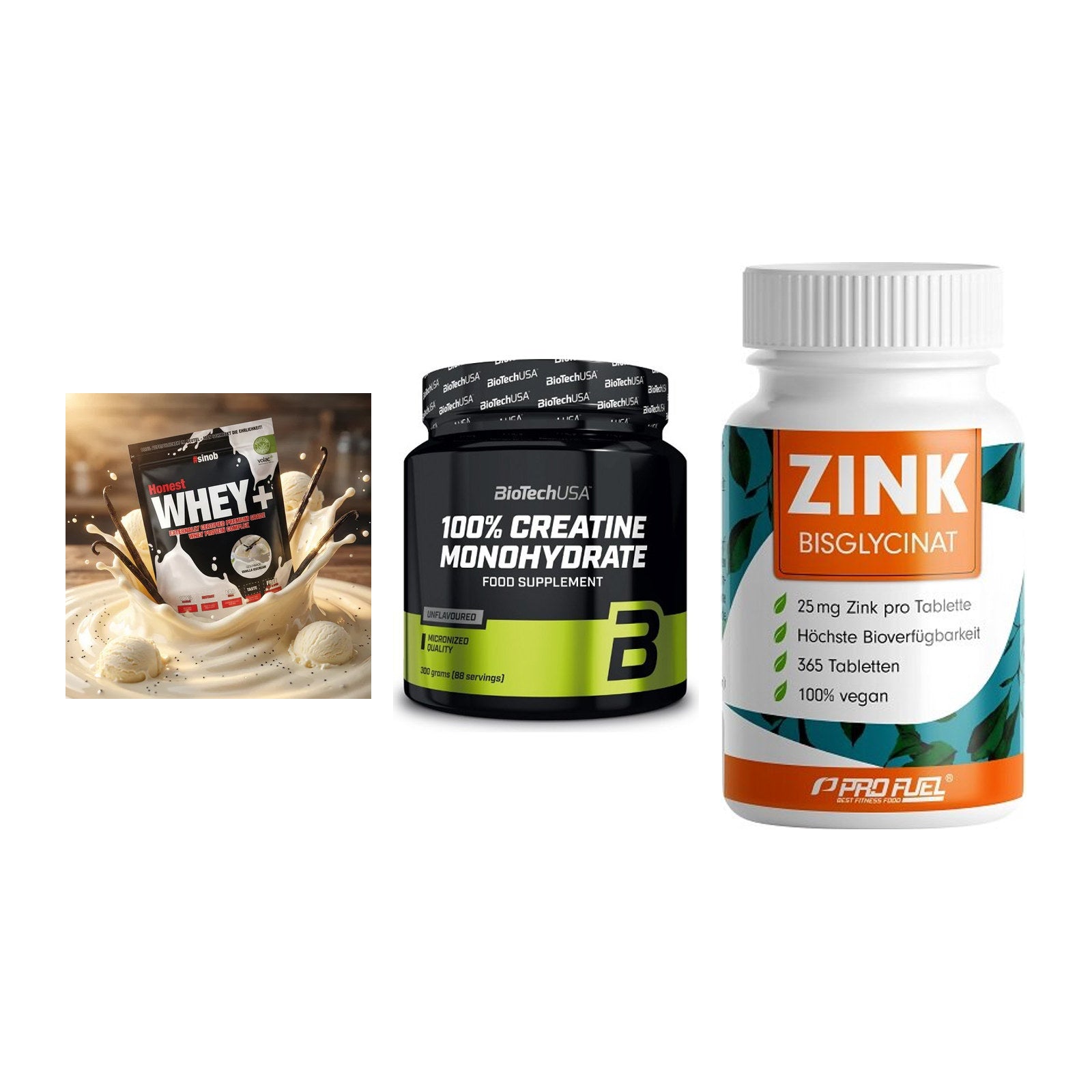 Einsteiger-Set: Sinob Honest + BioTech Creatine + ProFuel Zink – alle enthaltenen Artikel