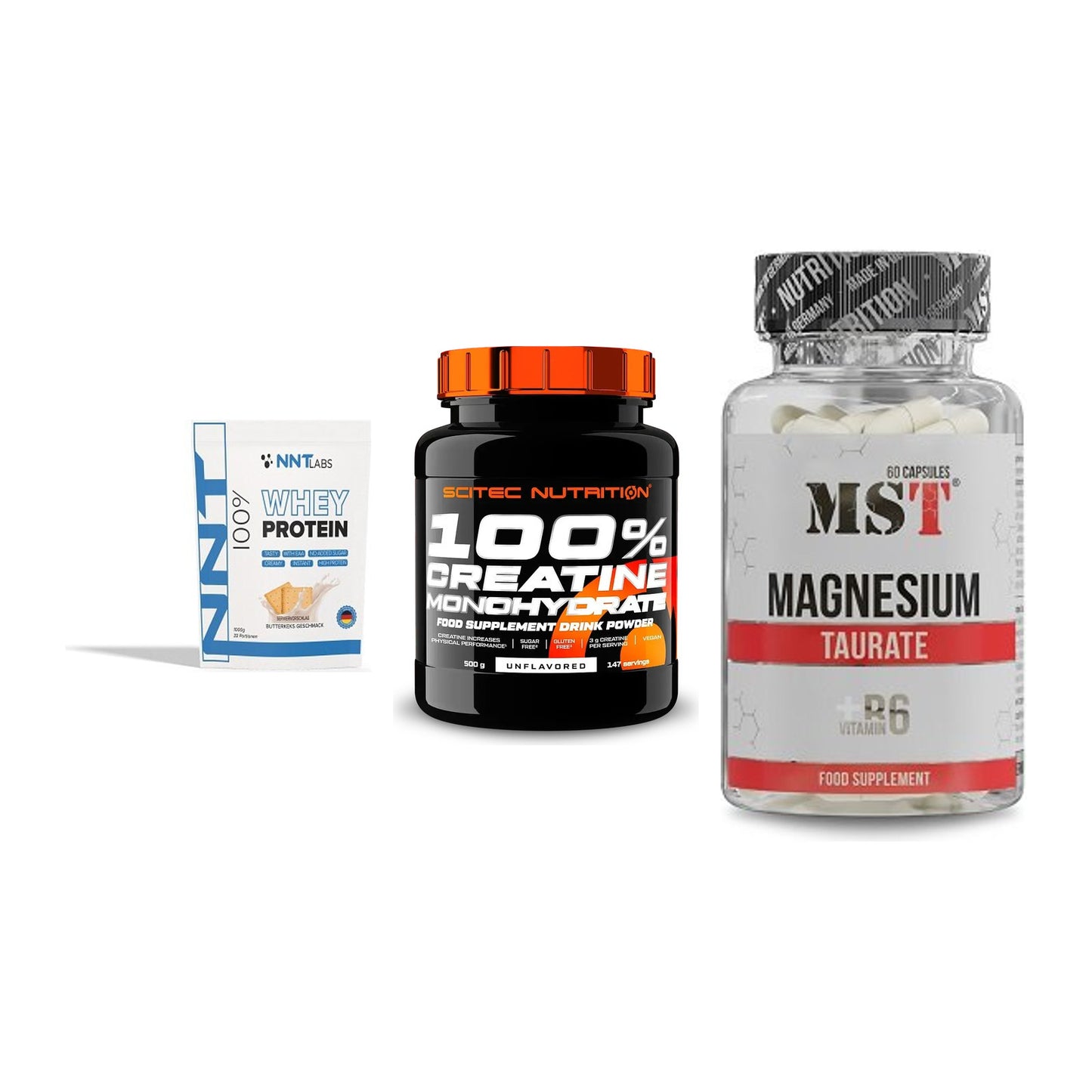 Einsteiger-Set: NNT Whey + Scitec Creatine + MST Magnesium – alle enthaltenen Artikel