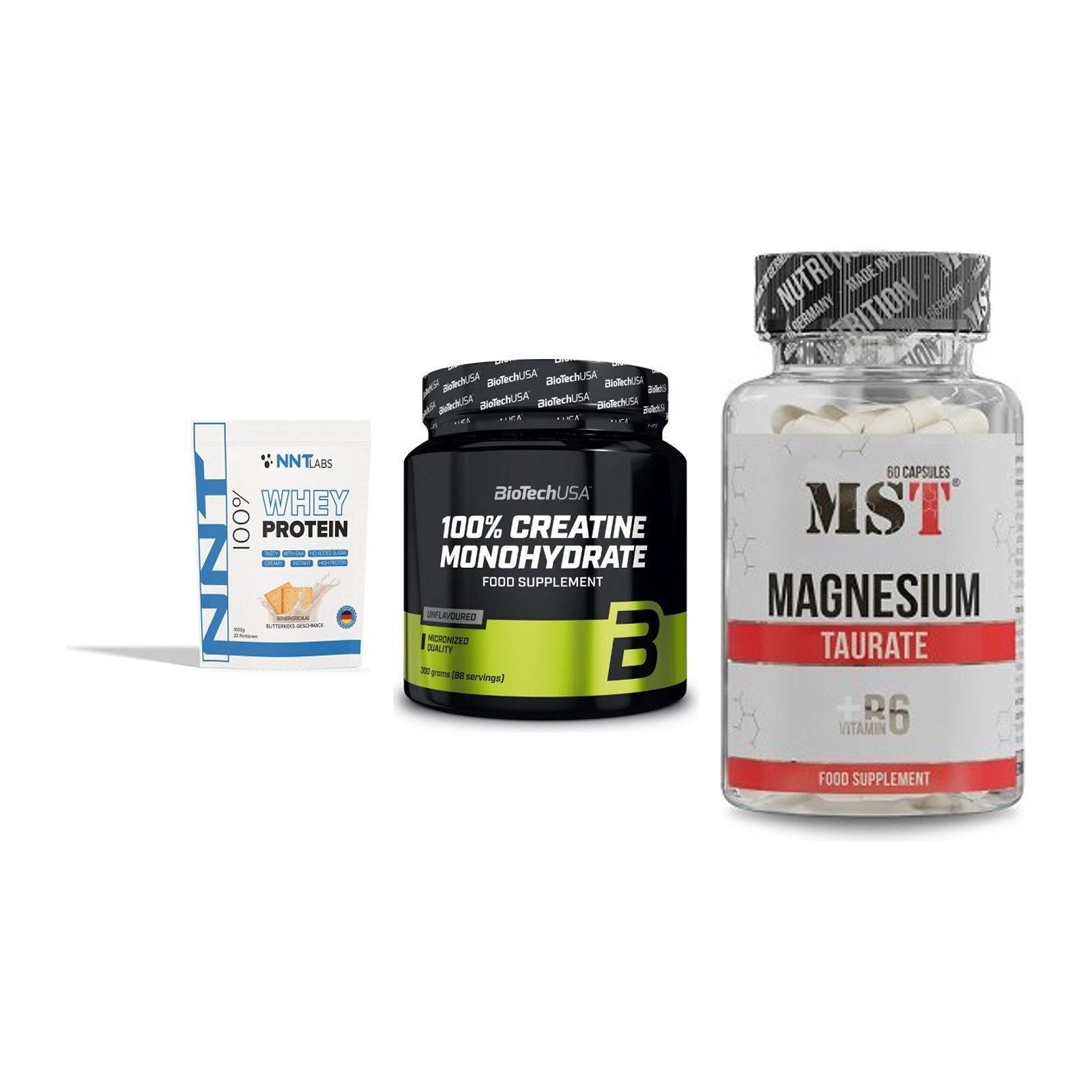 Einsteiger-Set: NNT Whey + BioTech Creatine + MST Magnesium – alle enthaltenen Artikel