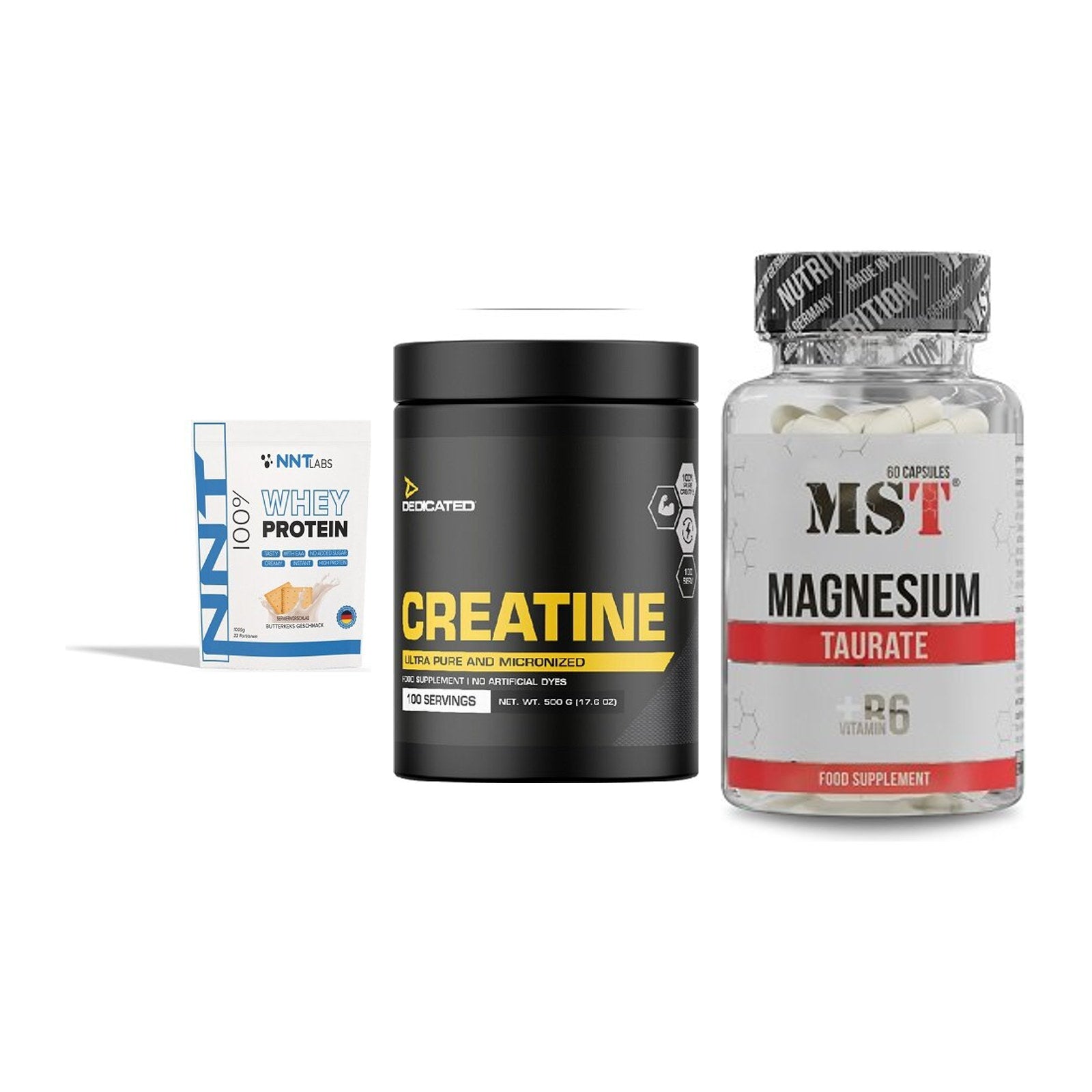 Einsteiger-Set: NNT Whey + Dedicated Creatine + MST Magnesium Taurat – alle enthaltenen Artikel