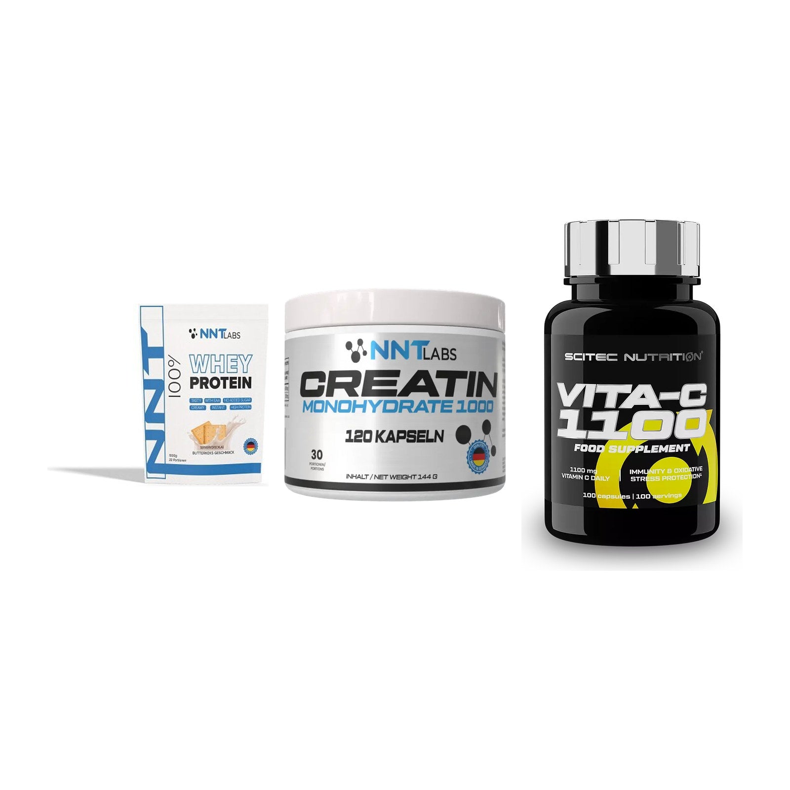 Einsteiger-Set: NNT Whey + NNT Creatin 1000 mg + Scitec Vitamin C 1100 – alle enthaltenen Artikel