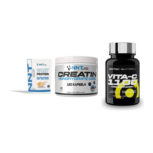 Einsteiger-Set: NNT Whey + NNT Creatin 1000 mg + Scitec Vitamin C 1100 – alle enthaltenen Artikel