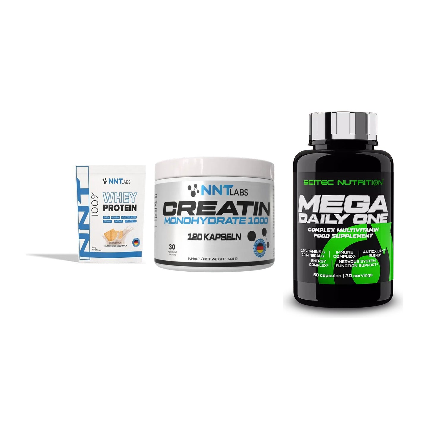 Einsteiger-Set: NNT Whey + NNT Creatin 1000 + Scitec Mega – alle enthaltenen Artikel