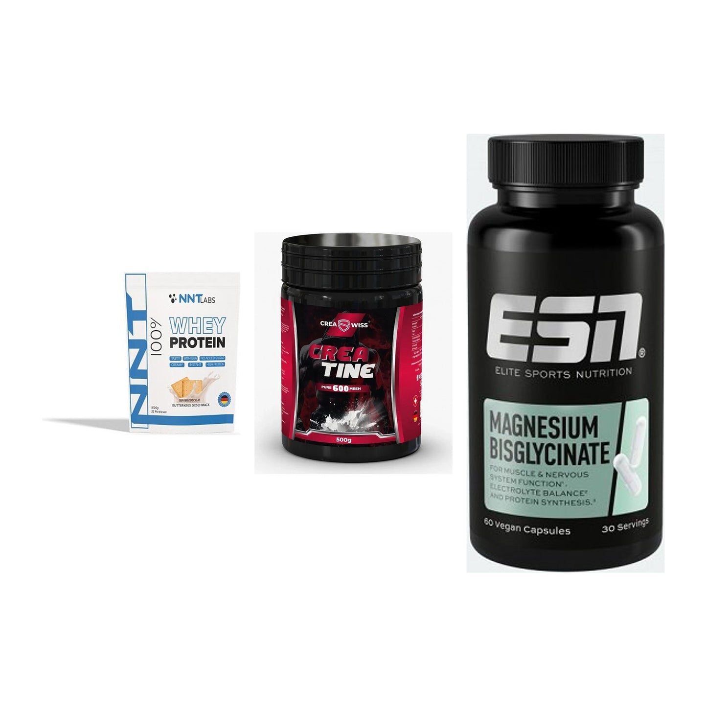 Einsteiger-Set: NNT Whey + CREASWISS + ESN Magnesium – alle enthaltenen Artikel