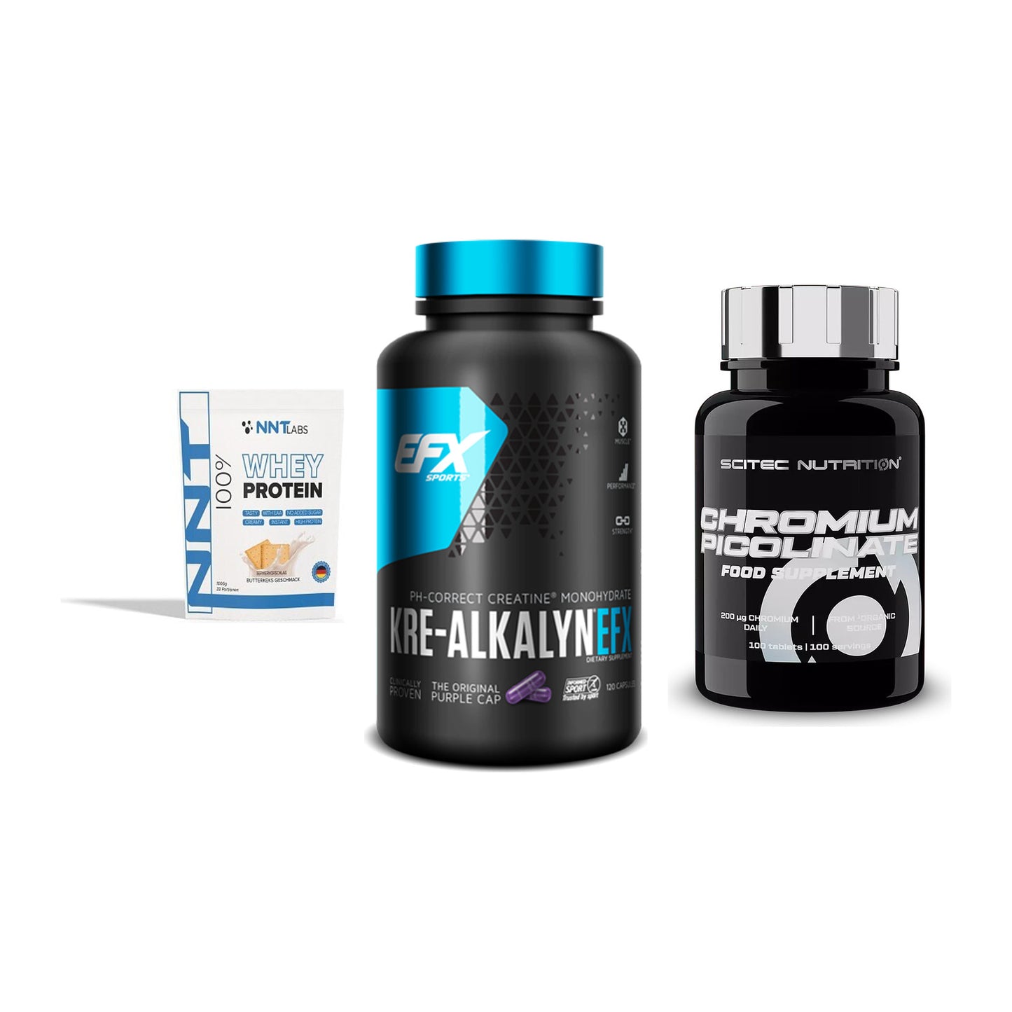 Einsteiger-Set: NNT Whey + EFX Kre-Alkalyn + Scitec Chromium – alle enthaltenen Artikel
