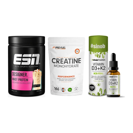 Einsteiger-Set: ESN Designer + ProFuel Creatine + Sinob Vitamin D3 – alle enthaltenen Artikel