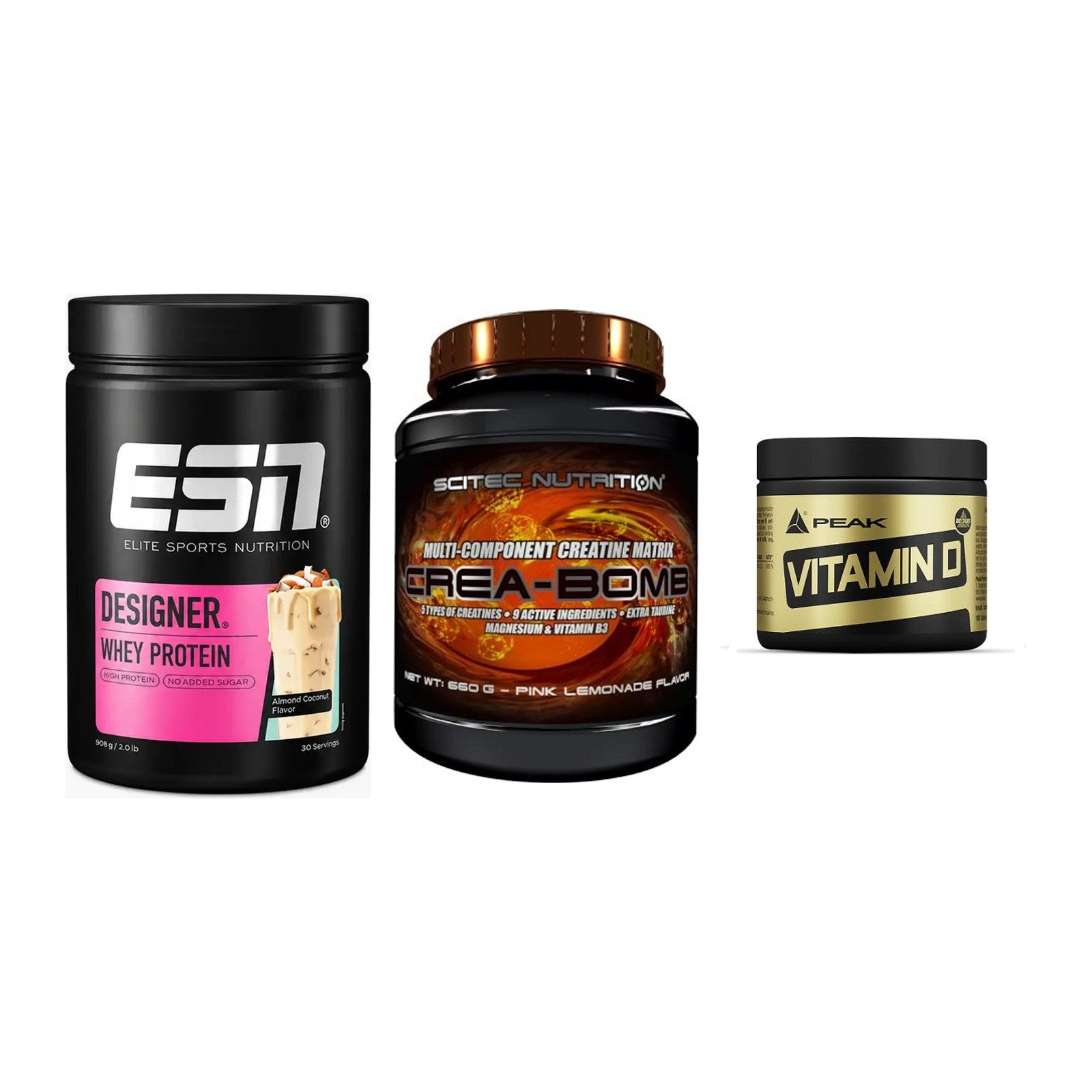 Einsteiger-Set: ESN Designer + Scitec Crea-Bomb + Peak Vitamin D – alle enthaltenen Artikel