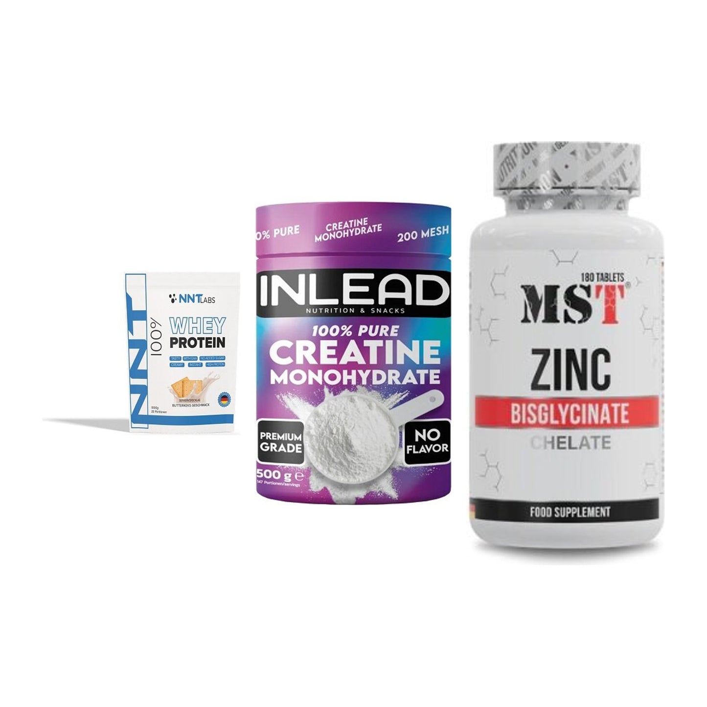 Einsteiger-Set: NNT Whey + INLEAD Creatine + MST Zinc Chelate – alle enthaltenen Artikel