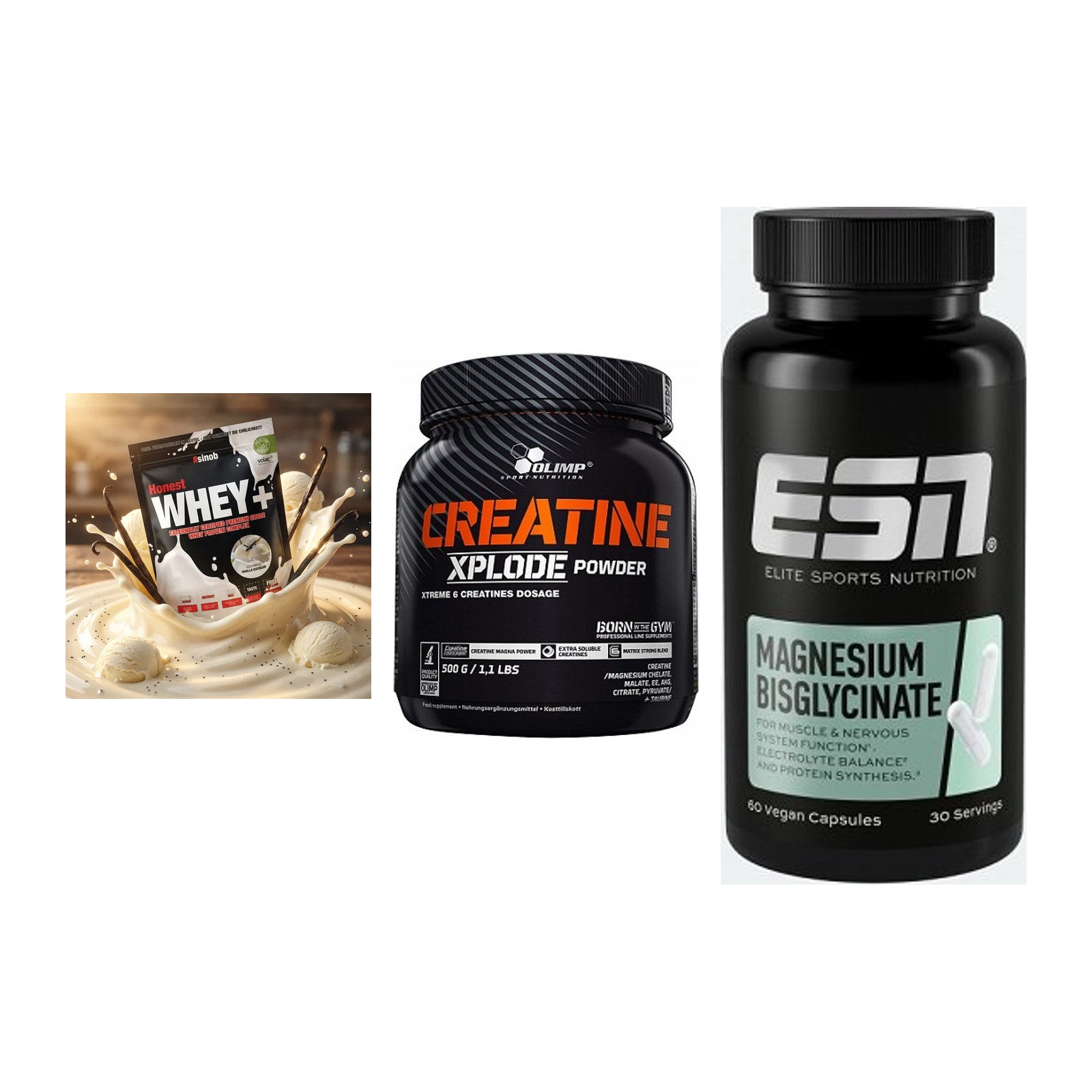 Einsteiger-Set: Sinob Honest + Olimp Creatine + ESN Magnesium – alle enthaltenen Artikel