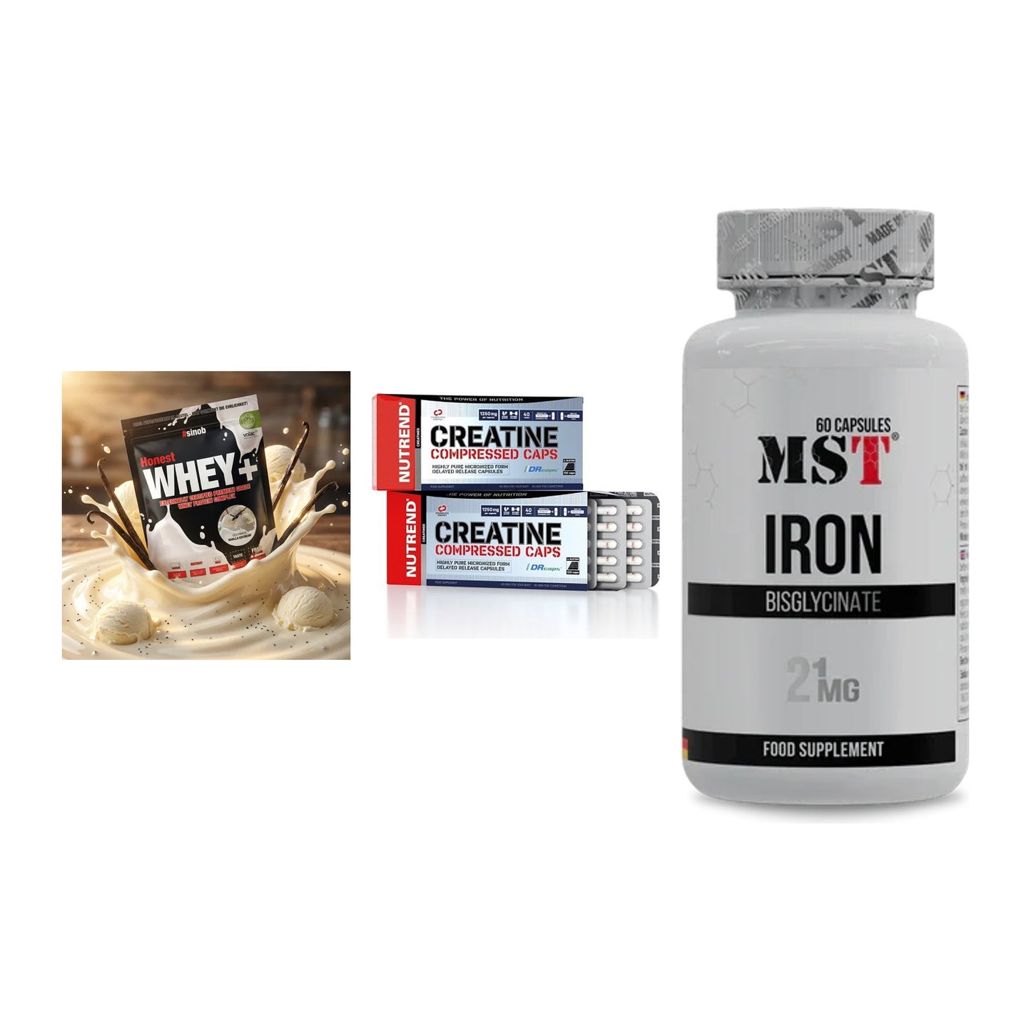 Einsteiger-Set: Sinob Honest + Nutrend Creatine + MST Iron Bisglyc – alle enthaltenen Artikel