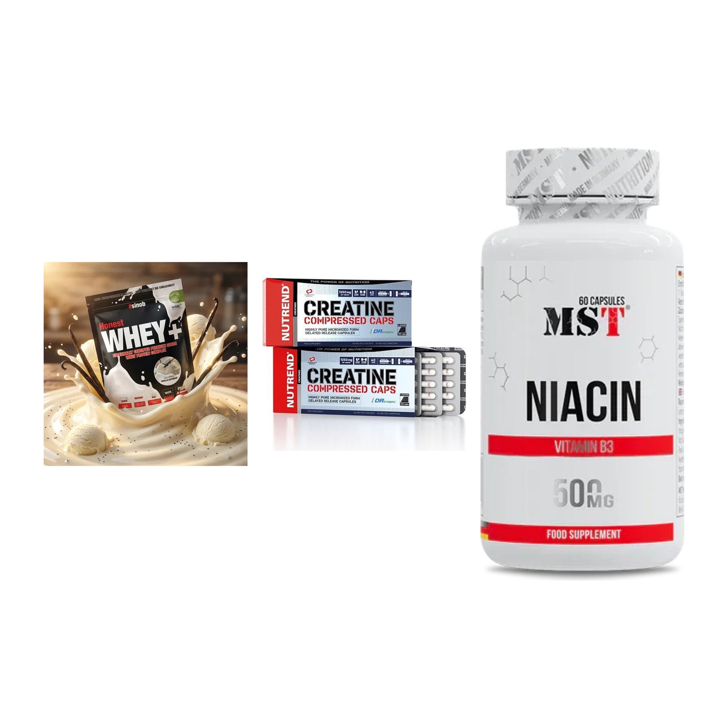 Einsteiger-Set: Sinob Honest + Nutrend Creatine + MST Niacin – alle enthaltenen Artikel