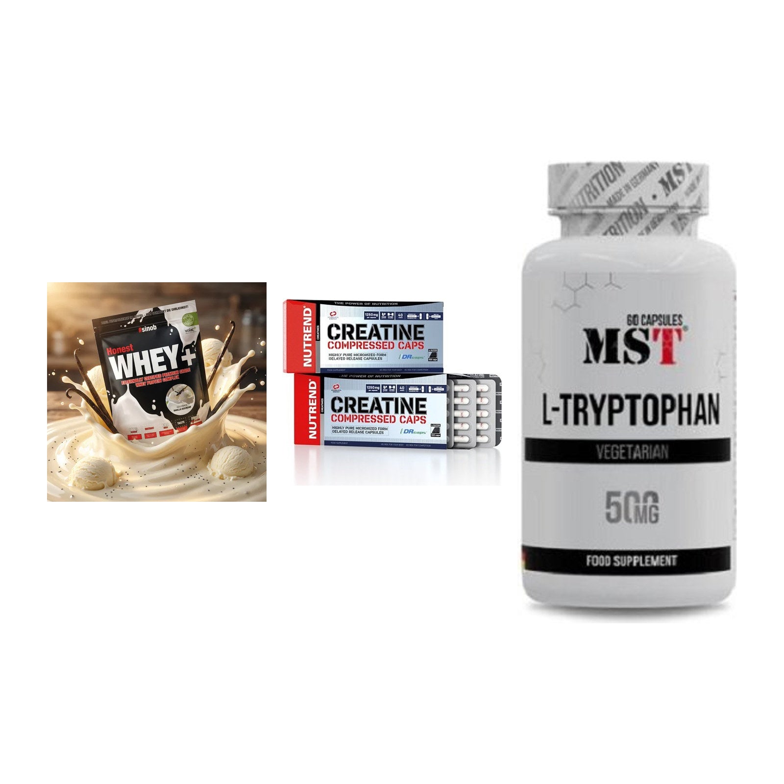 Einsteiger-Set: Sinob Honest + Nutrend Creatine + MST Tryptophan – alle enthaltenen Artikel